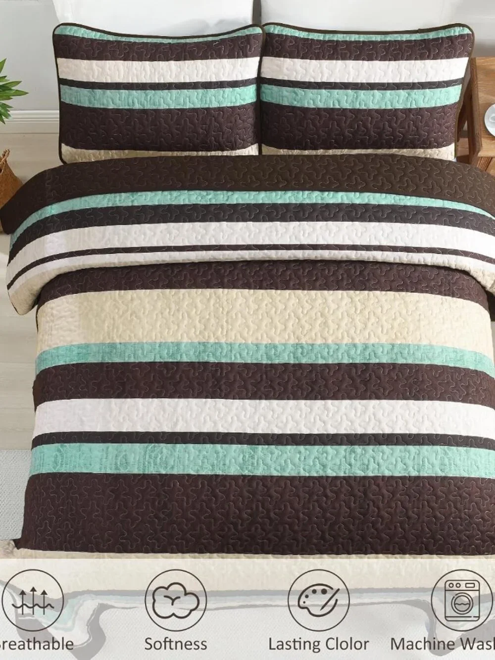 Red Brown Boho Striped 3-Piece Quilt Bedding Set w/Shams